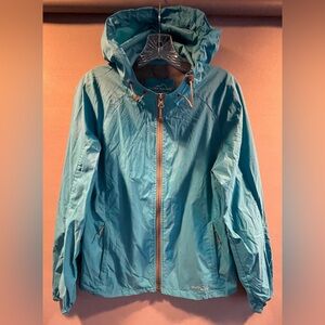 Eddie Bauer Hooded Teal Windbreaker with Vented Pits and Back Flap Womens M